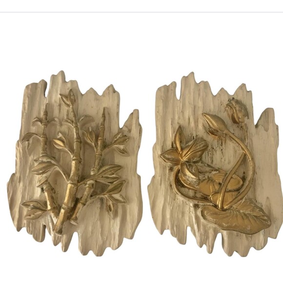 2 Floral Chalkware 3-D Wall Hangings MCM Hand Painted Gold Mid-Century Decor - Picture 3 of 10